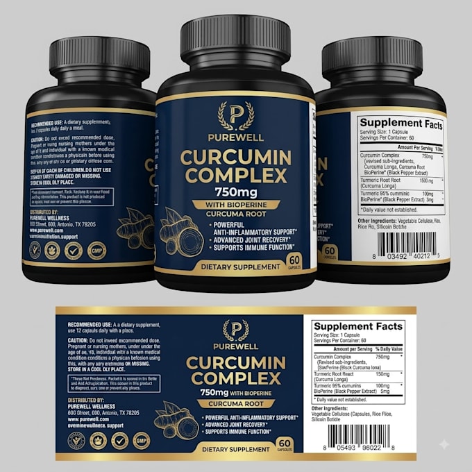 design supplement label, bottle packaging and nutrition label