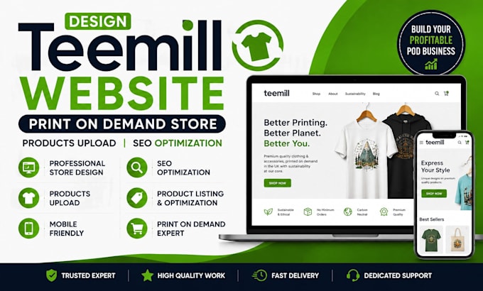 design teemill website print on demand products upload SEO optimization store
