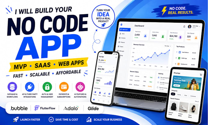 build no code app saas mvp using bubble io, flutterflow, adalo, or glide