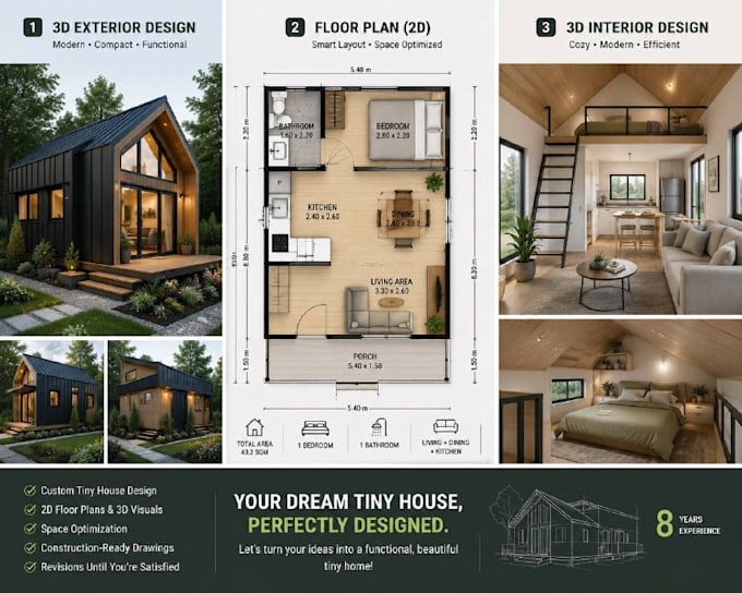 design a tiny house,floor plan, 3d tiny home model