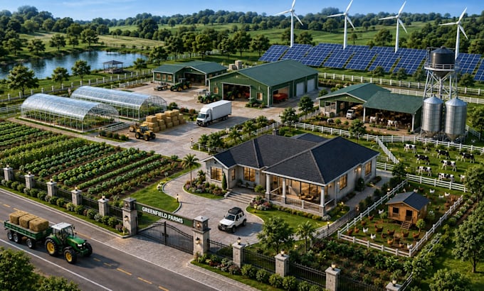 create a 3d farm and agricultural landscape visualization