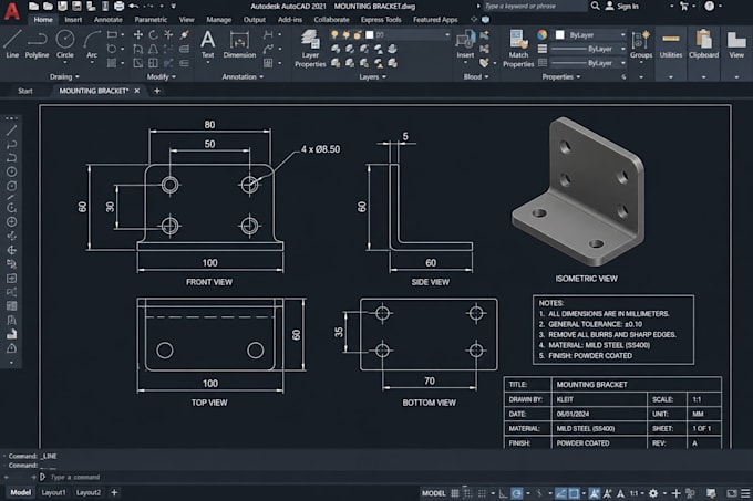 design product technical drawings, dimensioned 2d cad plans using autocad