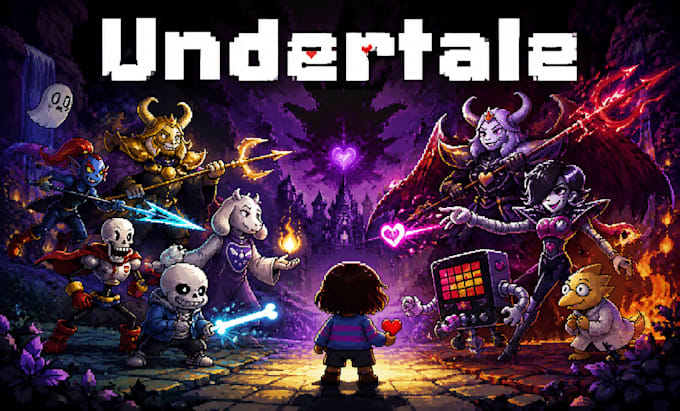 make undertale rpg, pixel art, sprites sheet, characters, cover art, animation