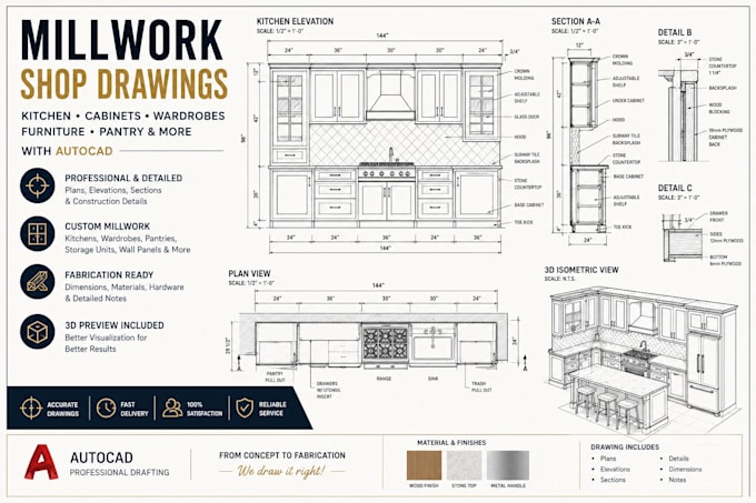 kitchen, wardrobe, furniture and millwork drawings