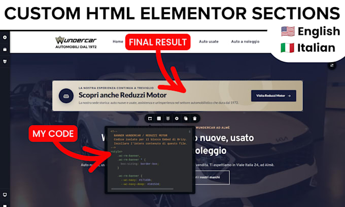 create custom HTML elementor sections in english or italian