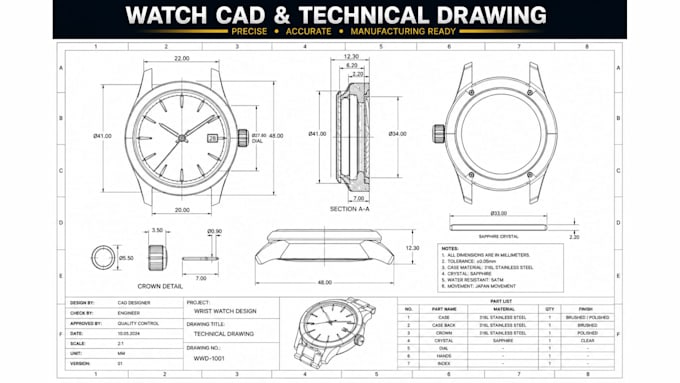 create watch cad models, bracelet, ring, cnc ready designs and technical drawing
