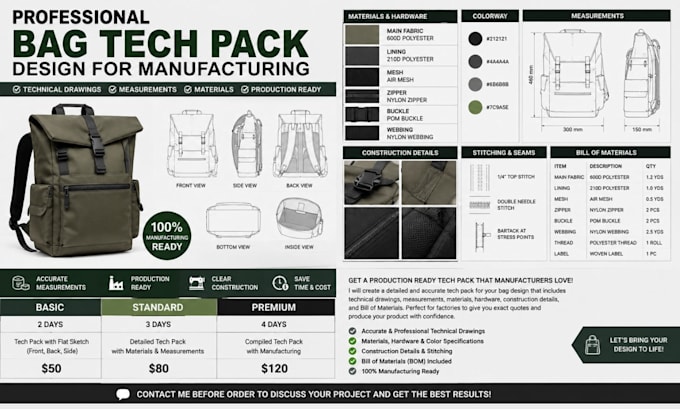 design bag tech pack,  handbag, backpack and technical drawing for manufacturing