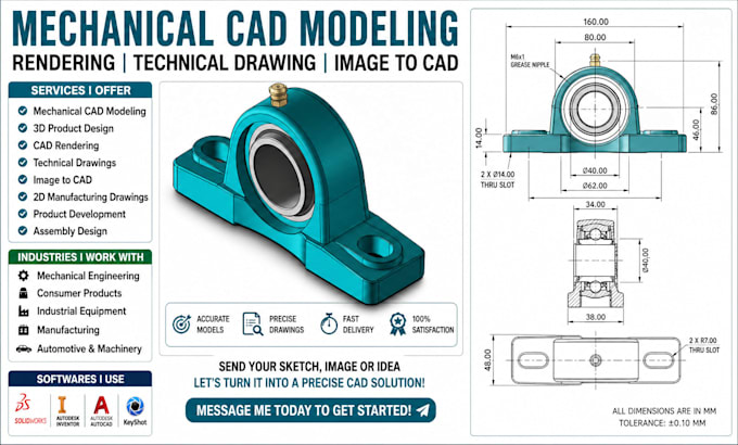 do mechanical cad modeling and rendering manufacturing drawing, image to cad