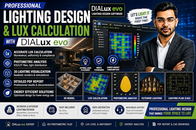 dialux evo lighting design, lux calculation and photometric analysis