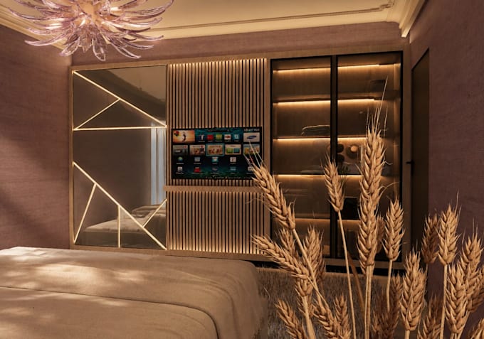 design and render a realistic 3d bedroom interior