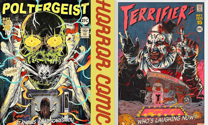 create vintage horror comic art, illustrations, hallowen horror, retro art