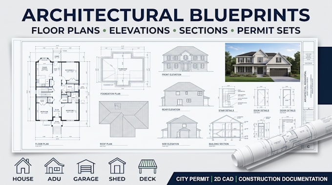 architectural 2d floor plan, electrical, mep and structural city permit drawings