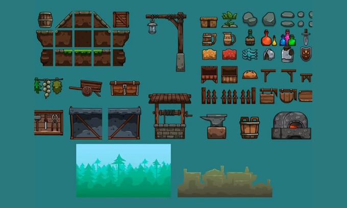 create pixel game assets, props and environment objects, pixel game art, weapon