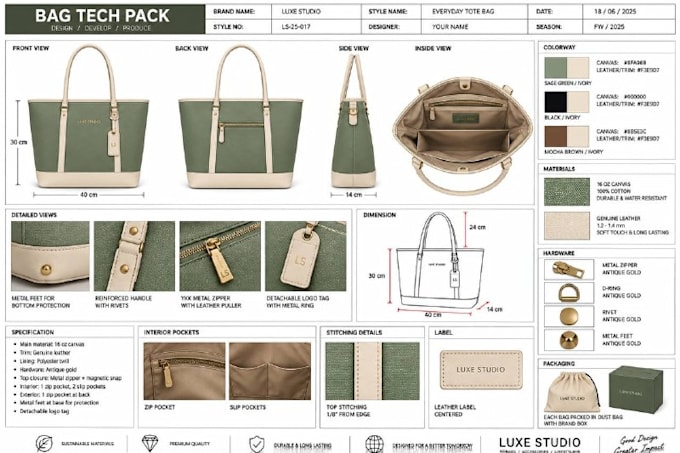 design a fashion handbag, bag, or backpack tech pack