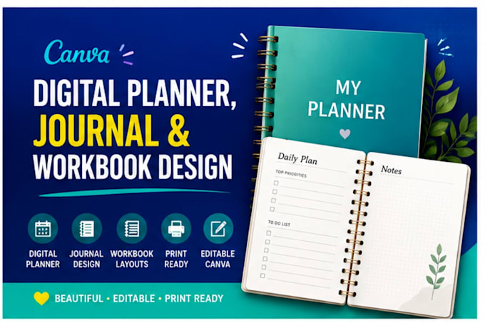 design editable digital planner, journal and canva workbook