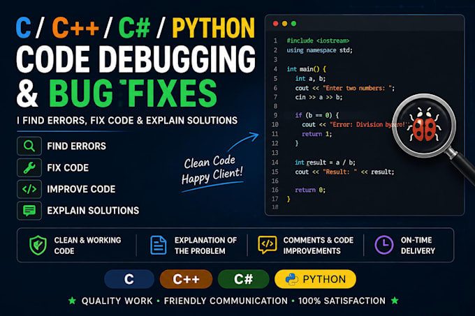 fix and debug c cpp csharp and python code