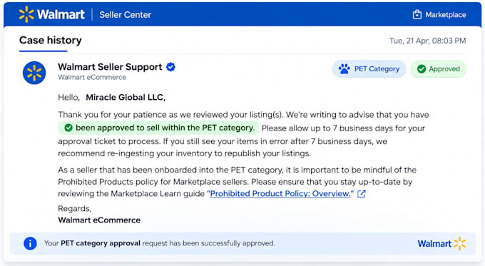 help with walmart category approval