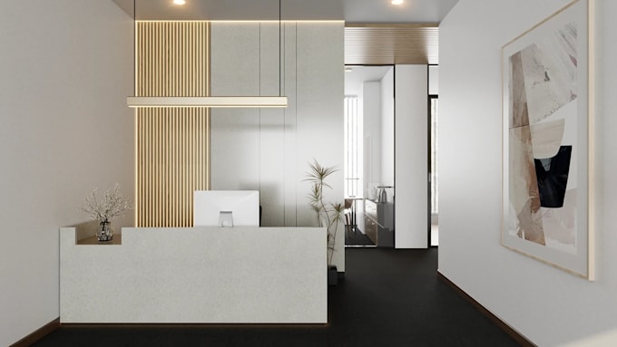 render modern office interior, lobby design, reception, workspace visualization
