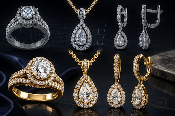 create custom jewelry design 3d cad modeling, rendering stl and production files