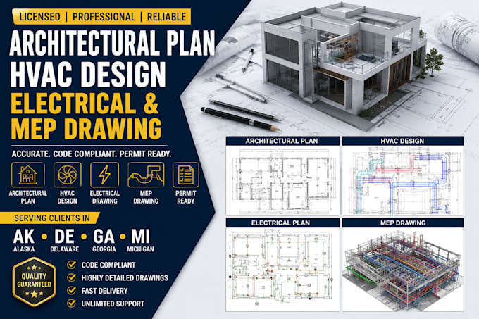create architectural plan hvac design electrical and mep drawing in ak de ga mi
