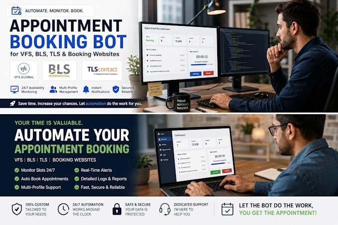 build an appointment booking bot for vfs,bls,tls and booking websites for you