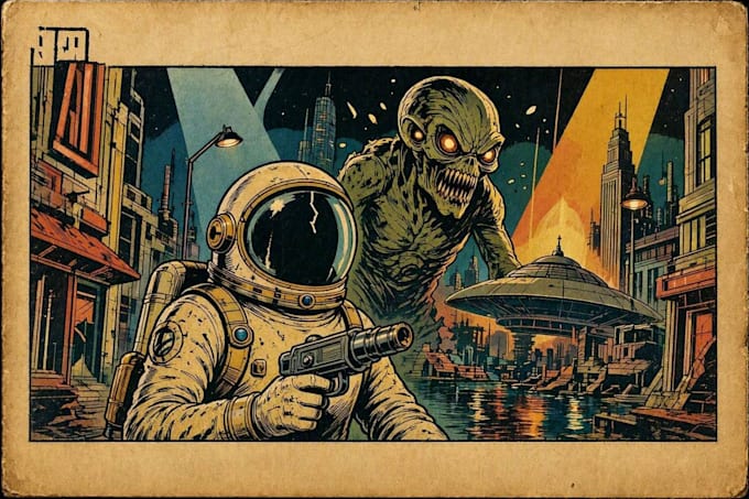 create vintage comic, horror and sci fi art