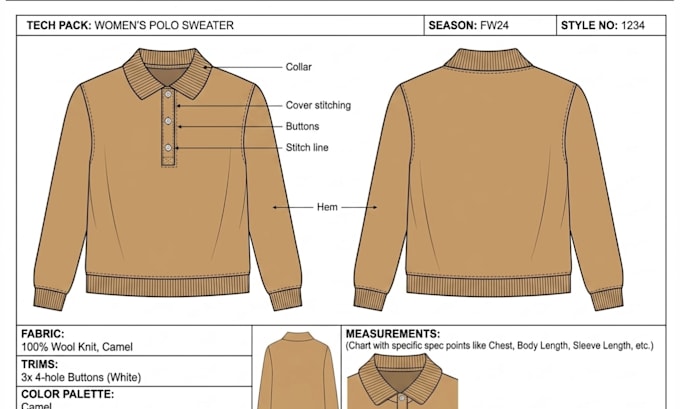 design blazer and tailored jacket tech pack with flat sketch for manufacturer
