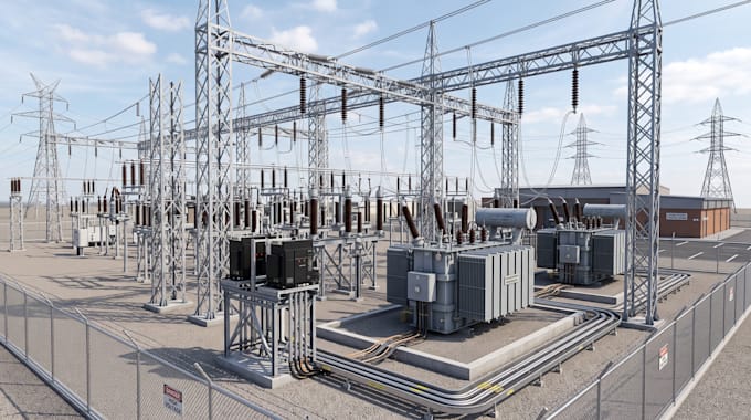do high voltage electrical design, substation design, 3d rendering, 2d drawing