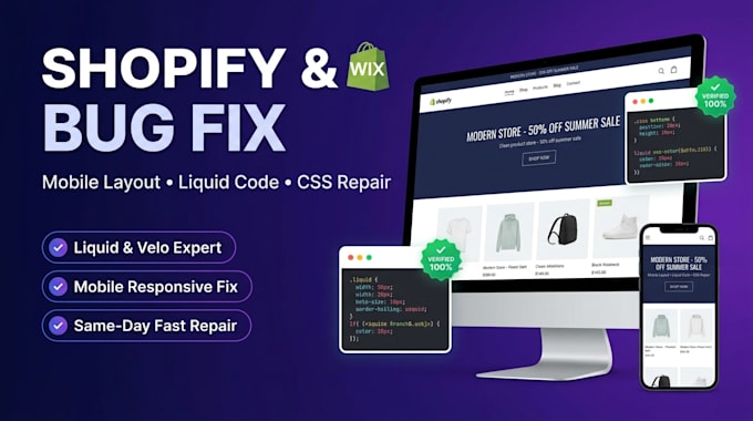 fix shopify and wix website bugs, custom code, and layout errors