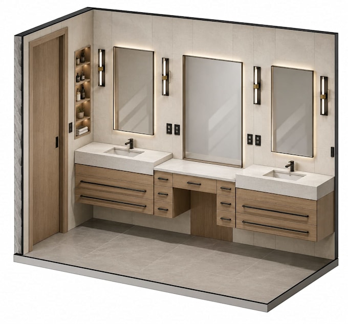 design and render a realistic 3d bathroom