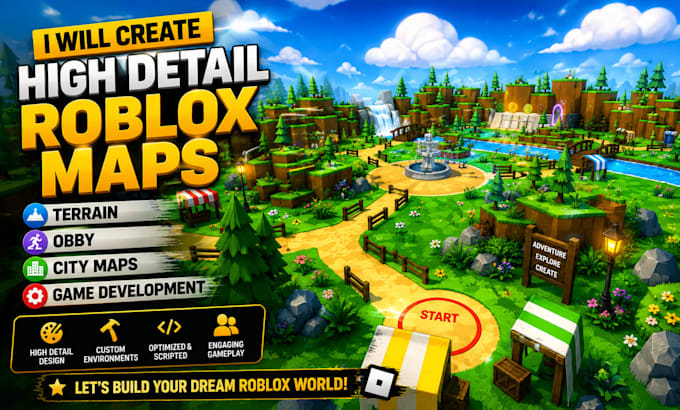 create high detail roblox maps, terrain, obby, city maps and game development