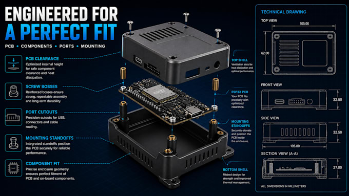 design custom esp32 iot pcb enclosure in solidworks