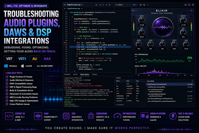 fix audio plugins, daws, dsp issues and juce, do c plus plus integrations