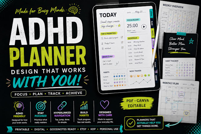 design adhd planner productivity planner, digital planner and journal design