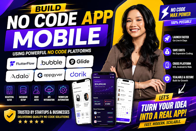 build no code app mobile using flutterflow, bubble io glide adalo appgyver dorik
