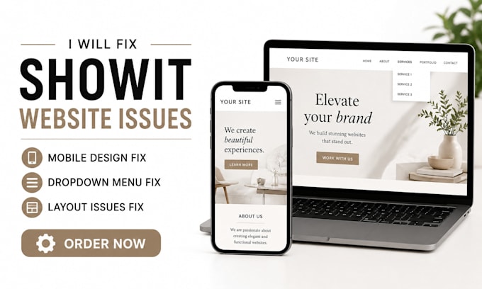fix showit mobile design, dropdown menus, and website layout issues