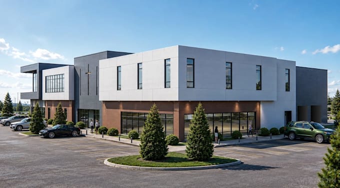 render 3d mixed use building,parking lot,contemporary design,cgi facade exterior
