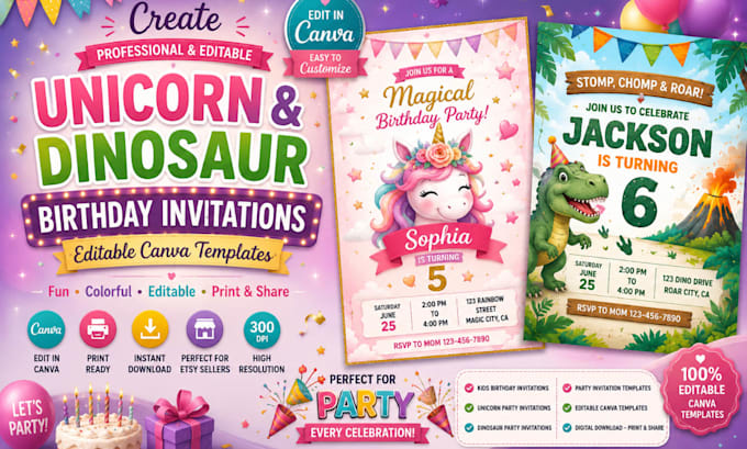 create unicorn and dinosaur birthday invitations, editable canva, party template