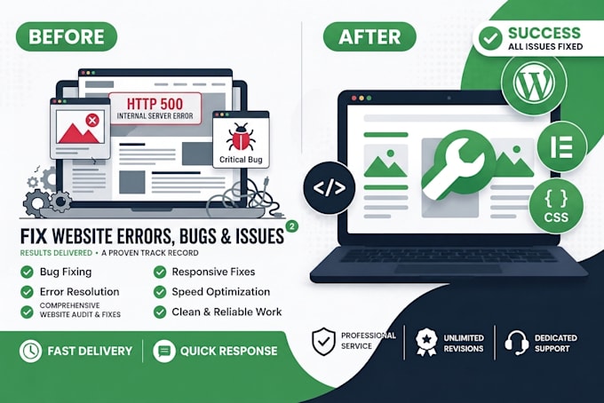 fix wordpress, elementor, HTML, CSS bugs and website issues