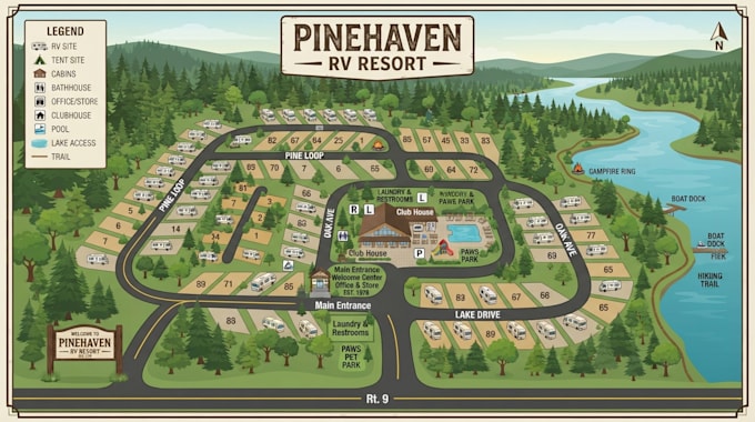 draw rv park map and campground map in vector illustrator