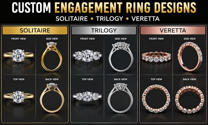 create custom solitaire, trilogy, and veretta engagement ring designs and render