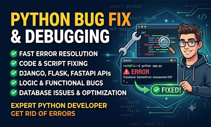 debug and fix python code, scripts, and errors