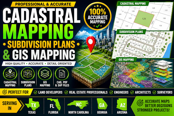 create cadastral mapping subdivision plans and gis mapping for tx fl nc ga az