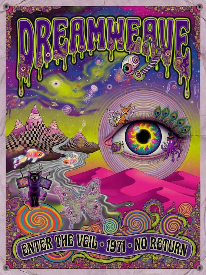 create a cartoon psychedelic and surreal illustration