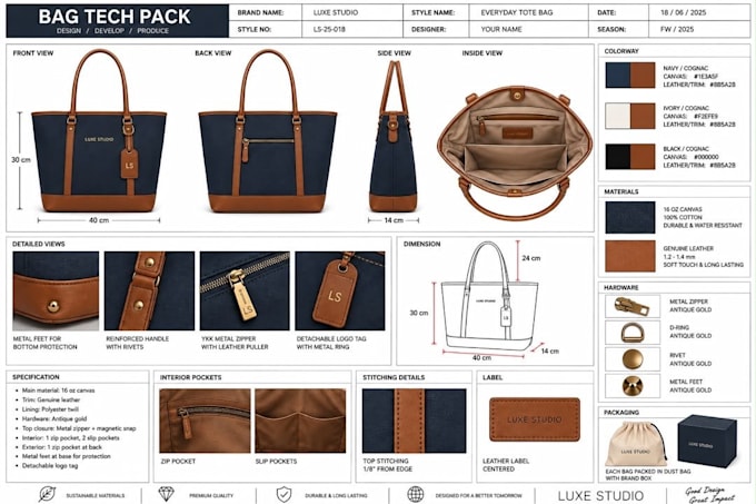 design a fashion handbag, bag, or backpack tech pack