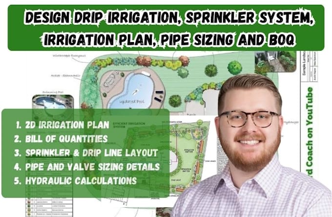 design drip irrigation, sprinkler system, irrigation plan, pipe sizing and boq