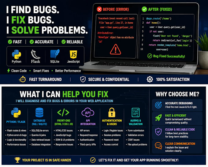 fix bugs and errors in your python flask web application