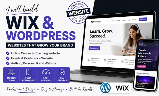 setup wix online course coaching website, events website, wordpress uthor site