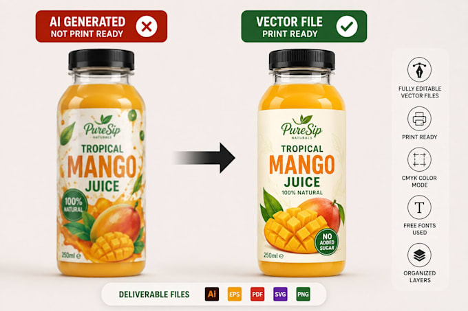 convert ai generated packaging, juice label designs into print ready vector file
