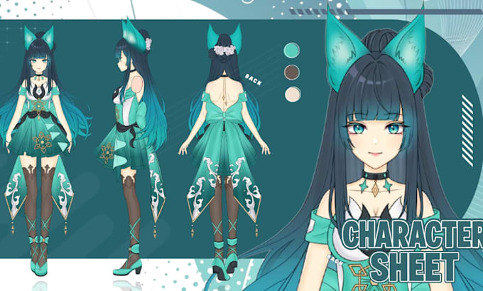 draw character or reference sheet for your character in anime for vtuber and oc